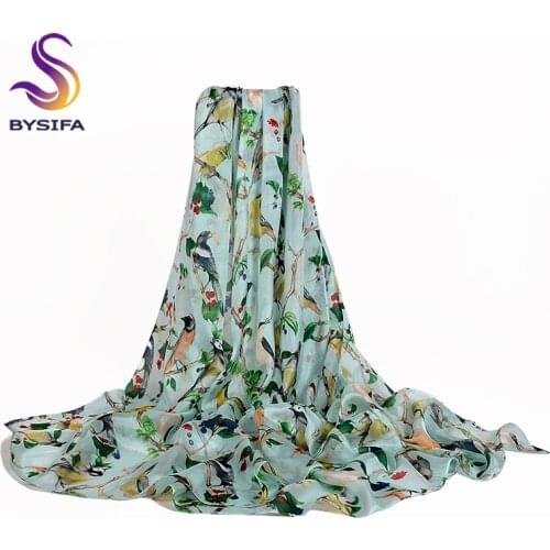 [BYSIFA] New Light Green Birds Silk Scarf Shawl 2019 Summer Beach Shaw Cover-up Winter Long Scarves Wraps Ultralong Ladies Scarf