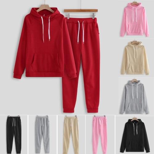 2 Piece Sport Suit Fitness Solid Color Tracksuit Hooded Pullover Sweatshirt Casual Pants Sets Sportswear Casual Outfits#f3