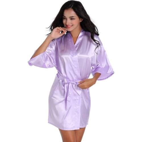 Light Purple Summers Women Short Kimono Robe Bathrobe Sleepwear Faux Silk Bath Gown Nightgown Mujer Pijama Size S M L XL XXL 022