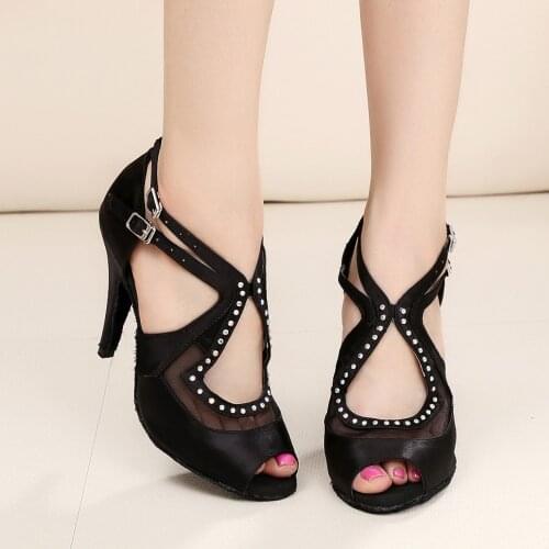 Salsa Jazz Ballroom Square Practice Latin Dance Shoes for Women Dancing Dancers Stylish High Heel Satin Black Rinestones