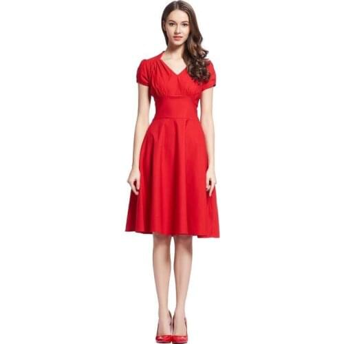 Spring summer autumn summer solid color V neck short sleeve elastic high waist elegant retro style big dress