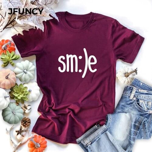 JFUNCY Plus Size Summer Womens T-shirts SMILE Letter Print 100% Cotton T Shirt Woman Tshirt Short Sleeve Loose Female Tee Tops