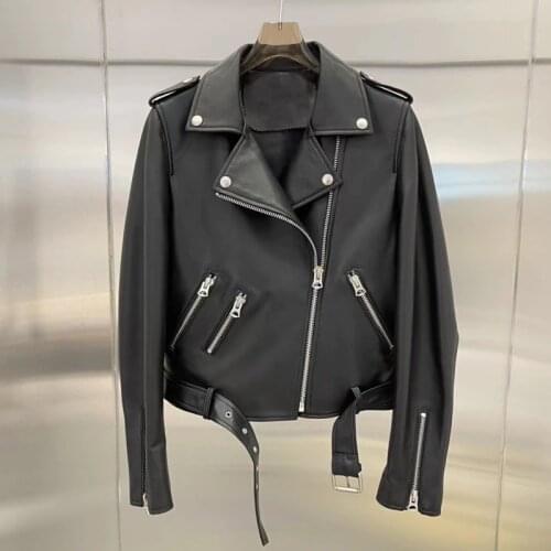 Genuine Arrival New Leather Jacket 2021 Women Coat Spring Locomotive Model Style Turn-Down Collar Female Short Zippers