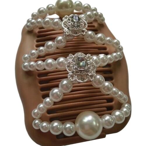 Women Magic Double Hair Comb Imitation Wood Pearl Clip Stretchy Hairpin Bead DIY F3MD