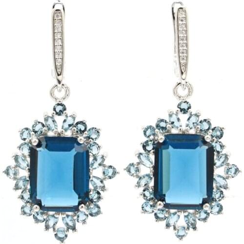 43x26mm Anniversary Created Rich Blue Aquamarine White Bright ZIrcon For Womans Silver Earrings