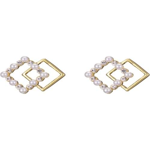 Geometric Hollow Rhombus Golden Bling Starry Clear Crystal Simulated Pearl Alloy Stud Earrings For Women Jewelry Accessories