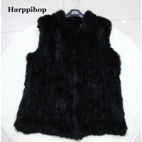 Harppihop Fur 2018 Lady Fashion Genuine Knitting Rabbit Fur Vest Waistcoat Women natural Fur vest Gilet Outerwear vest