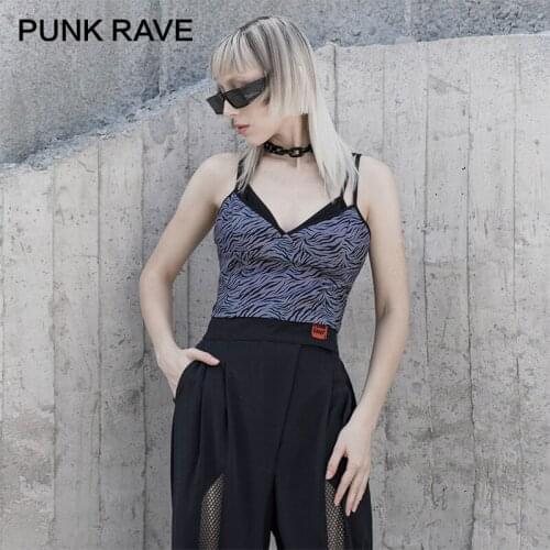 PUNK RAVE Girls Punk V-collar Condole Belt Vest Sexy Zebra Grain Tide Design Feeling Female Vest Outside Wear Tops for Women