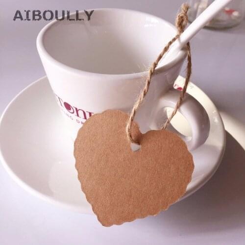 100pcs Heart Shaped Kraft Paper Gift Tag with Hemp Rope DIY Food Label Wedding Birthday Xmas cake box Decorating Tag Packaging