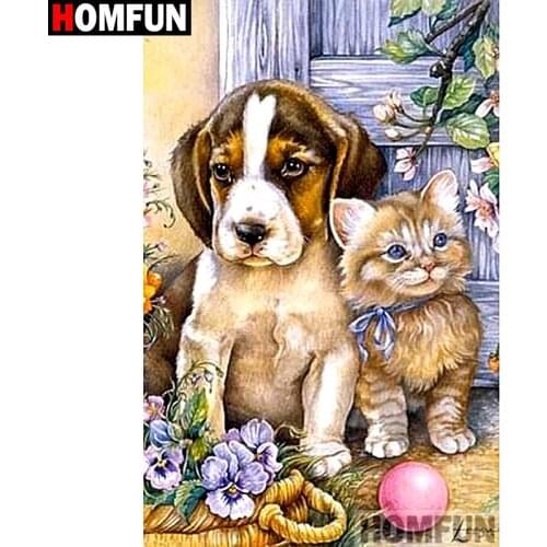HOMFUN Full Square/Round Drill 5D DIY Diamond Painting "Cat and dog" Embroidery Cross Stitch 5D Home A07177
