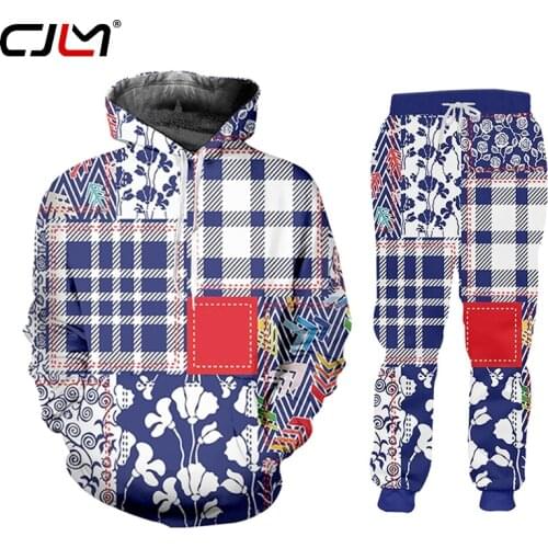 CJLM 3D Clothes For Full Checked Pattern Stitching Tracksuit Man 2 Piece Set Winter Hooded Woman/men 2020 Costume Sports 5XL