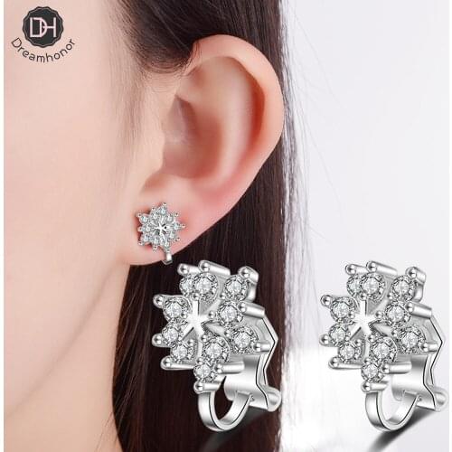Dreamhonor New Popular 925 Sterling Silver Zirconia Flower Clip Earrings For Women Non Piercing Earrings Jewelry