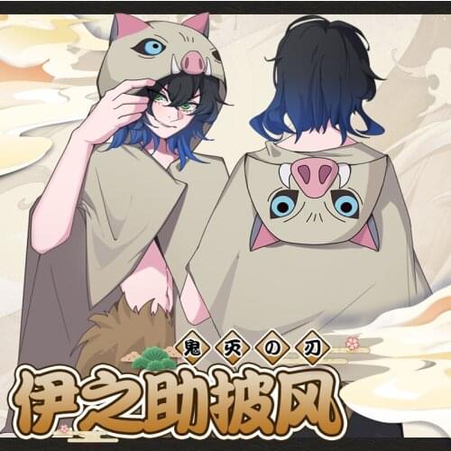 Demon Slayer Kimetsu no Yaiba Cosplay Cotumes Hashibira Inosuke Cloak Pig Hooded Buttons Cape Flannel Bathrobe Pajamas Shawl
