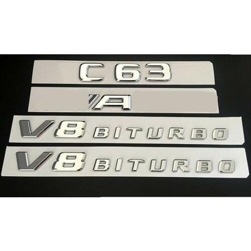 Chrome Trunk Fender Emblems Badges for Mercedes Benz W205 C63 FOR AMG V8 BITURBO