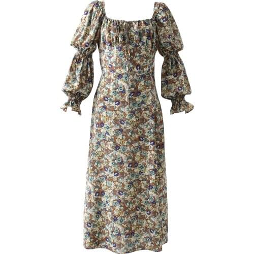 Jastie 2021 Bohemian Women Dress Floral Print Square Neck Wrapped Chest Slit Midi Dresses Summer Vintage Beach Prom Casual Dress