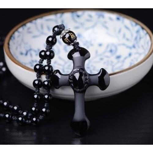 Classic Black Glass Crystal Carved Cross Lucky Pendant Beads Necklace for Women and Men Hand Carved Exquisite Jewelry