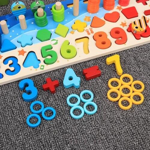 Educational Wooden Toys Children Busy Board Math Fishing Childrens Preschool Toy Counting Geometry Assembled Building Blocks