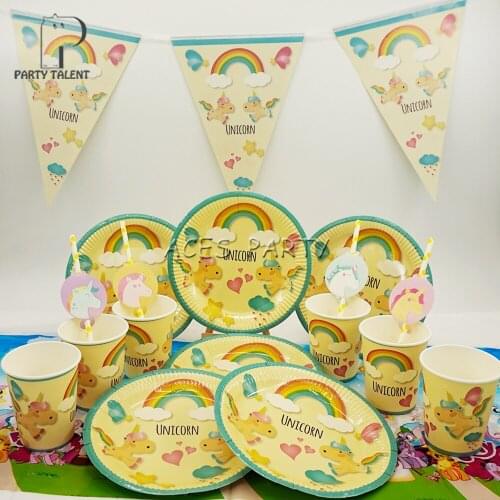 Party supplies 38pcs for 12 kids Unicorn theme birthday party decoration tableware set, plate+cup+straw+banner+tablecover