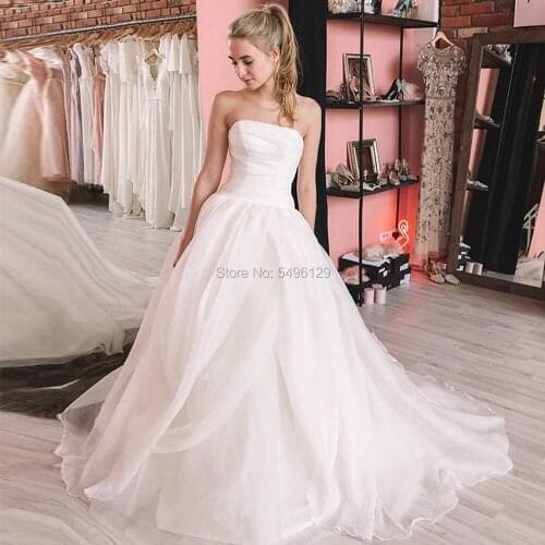 Simple Organza Wedding Dresses Sexy Strapless Sleeveless A Line Bridal Gowns 2020 Vestido de Noiva White Formal Brides Dress