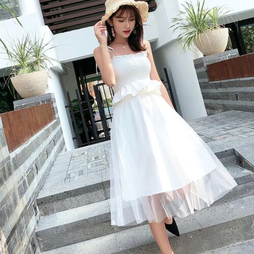 Net Tulle Skirt Spring Summer Sling Corset Top Beach Kawaii Skirts Wrapped Chest Waistcoat Two Piece Suit Women Casual Clothing