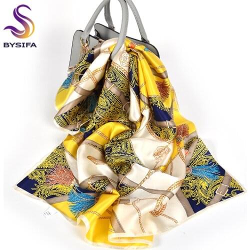 [BYSIFA] Ladies 100% Silk Scarf Shawl Fall Winter Satin Square Scarves Wraps Printed Female Brand Floral Chain Yellow Scarf Cape