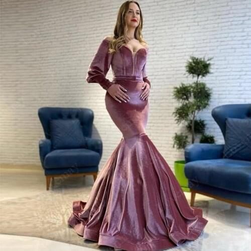 Lilac Muslim Evening Dresses Long Sleeves Velvet Off the Shoulder Special Occasion Dresses For Women Party Vestidos Para Mujer
