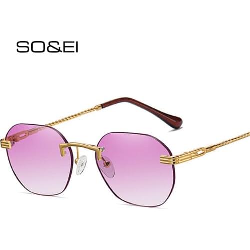 SO&EI Vintage Metal Round Polygon Sunglasses Women Fashion Rimless Gradient Eyewear Men Oval Colorful Sun Glasses Shades UV400