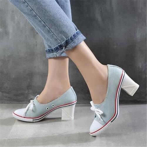 Size 34-41 New 2021 Pumps Denim High Quality Shallow Mouth Womens Shoes High Heel 8CM Girl Canvas Student Shoes Female