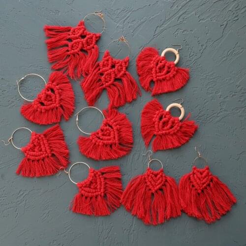 Vedawas INS Red Fringed Macrame Earrings for Women Boho Cotton Handmade Weave Feather Drop Earrings Wedding Holiday Jewelry Gift