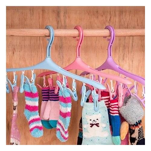 Windproof Buckle Multifunctional Plastic Hanger Clothes Hanger Airer Socks Underwear Hanger 8 Clips