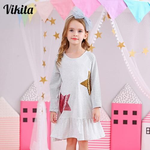 VIKITA Girls Striped Dress Kids Long Sleeve Dresses Autumn Children Clothing 3-12 Years Girl Reversible Sequins Casual Dress