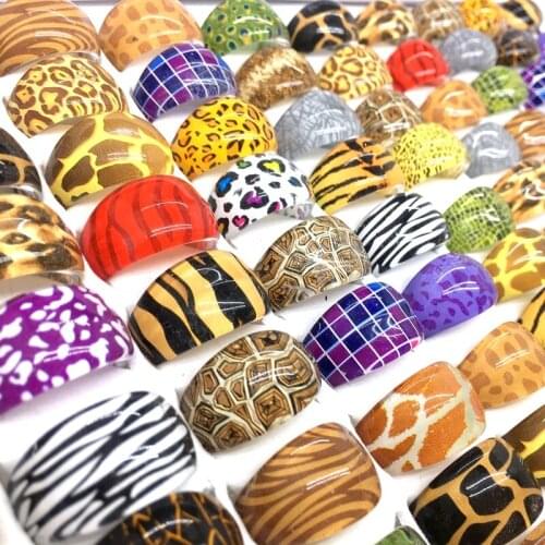 MixMax 10 Pieces Womens Rings Round Mix Styles Animal Pattern Unique Resin Band Party Jewelry Size 6-10