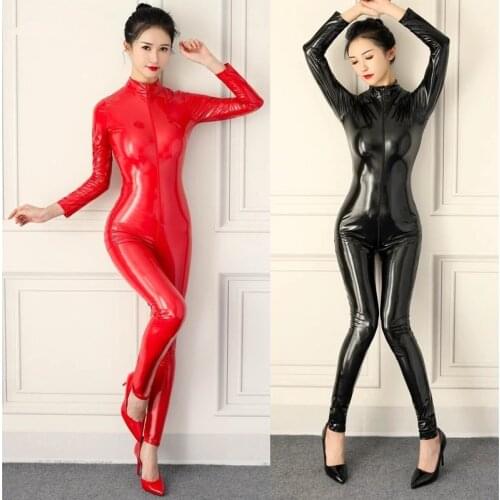 Women Sexy Faux Leather Jumpsuit PVC Latex Catsuit Double Zipper Open Crotch Bodysuit Stretch Bodystocking Erotic Club Costumes