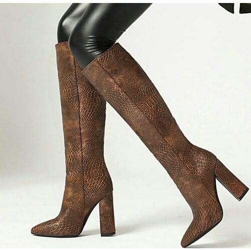 New Textured Crocodile Pattern PU Women Knee High Boots Pointed Toe 10CM Square Root Ladies Western Boots Embossed Winter Boots