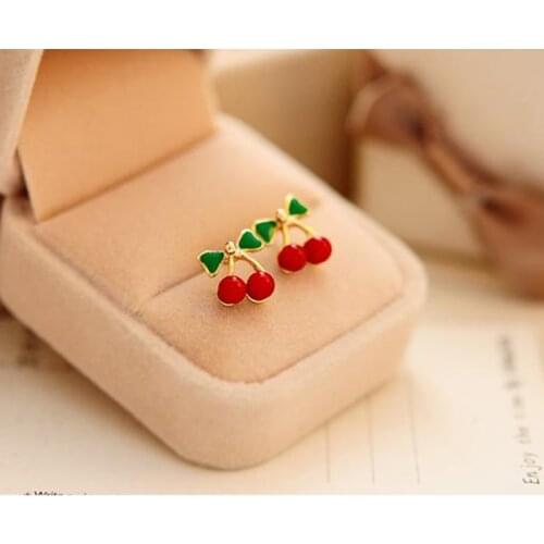 Sweet fresh Fruit Enamel Red Cherry Earrings for Women Fashion Female Youth Beautiful Girl Students Stud earrings