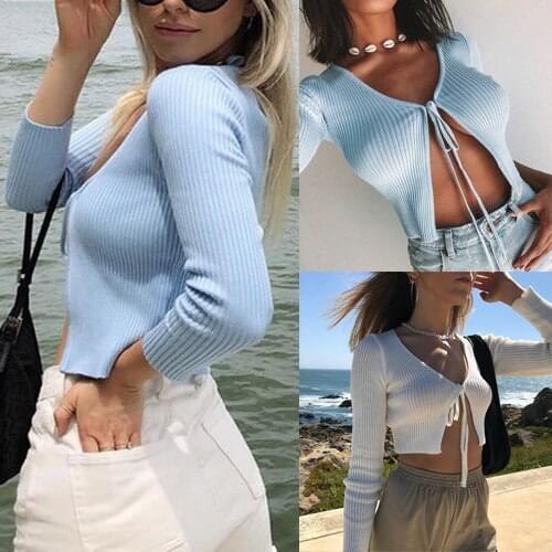 Spring/Autumn Women Wrap Over Tops Long Sleeve Front Tie Up Cardigan Sweater Fashion Casual Cropped Short Coat Outwear