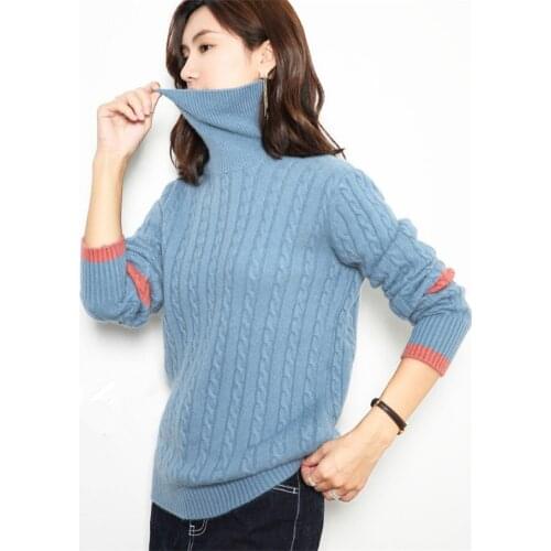 Pure goat cashmere twisted knit women fashion loose short pullover sweater high collar patchwork sleeve S-2XL