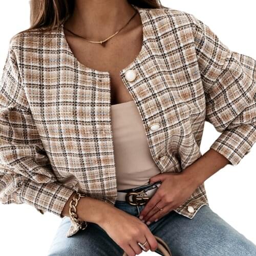 Women Plaid Print Button-up Coat, Loose Fit Long Sleeve O-neck Jacket for Spring, Autumn