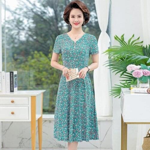 Women 2021 Summer New Fashion Middle-aged Loose Dress Female Short Sleeve Printed Dresses Ladies Ice Silk Thin Vestidos W46