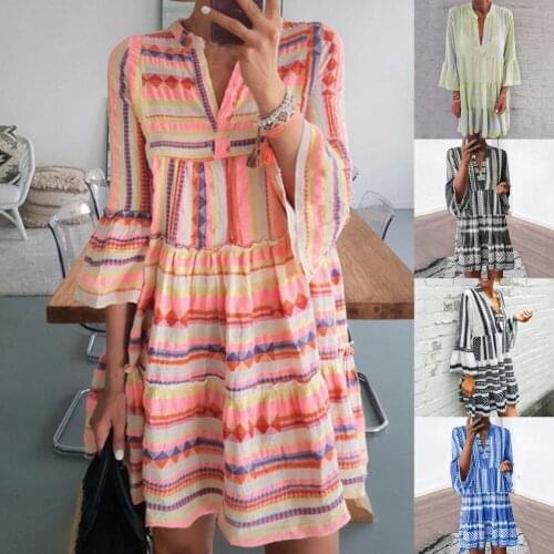 Summer Party Dress Women 2021 V Neck Mini Dress Three Quarter Sleeve Flare Sleeve Striped Print Casual Ruffle Dress Beach Dresse