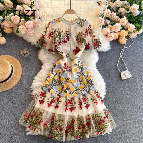 New Summer French Retro Embroidere Dress Women O-Neck Short Sleeve Floral Vintage Dresses Ladies Eleagnt Office Dress Vestidos