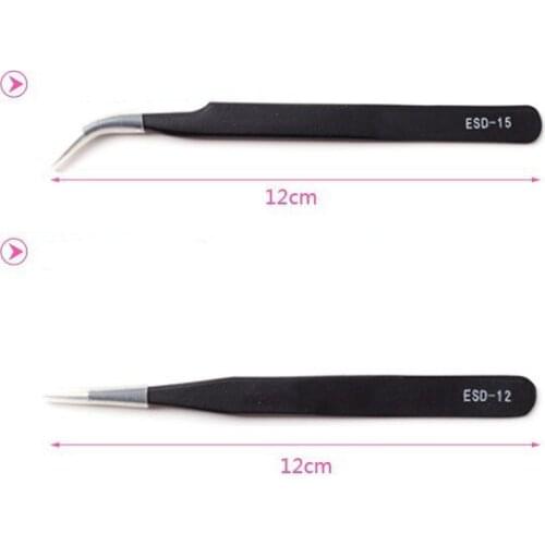 2Pcs/set Stainless Steel Eyelash Extension Speckled Black Curved Straight Eyelash Nail Art Tips Design Decor Rhinestone Tweezers