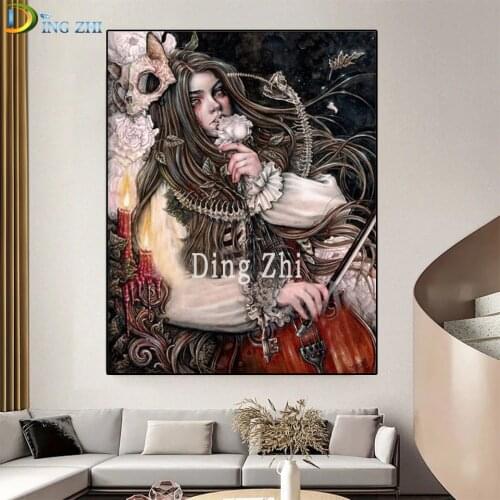 Full Diamond Embroidery Vampire Girl, Playing Cello DIY Diamond Painting Cross Stitch Round Drill Flowers Picture Of Rhinestones