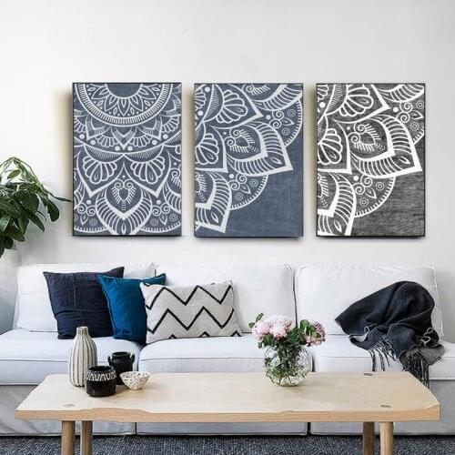 Bohemian Abstract Flower Canvas Painting Blue Black Mandala Pattern Wall Art Print Pictures Posters Living Home Decoration
