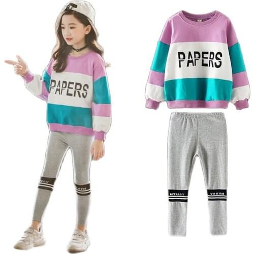 Kids Fashion Letters Sweatshirt and Leggings Stitching Two-piece Set Autumn Girls Sport Hip Hop Pullover Children Clothes Suits