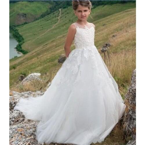 Elegant Child Wedding Dresses Jewel Neck Lace Appliqued Tulle Pageant Gowns Princess Sleeveless Kids Party Gown