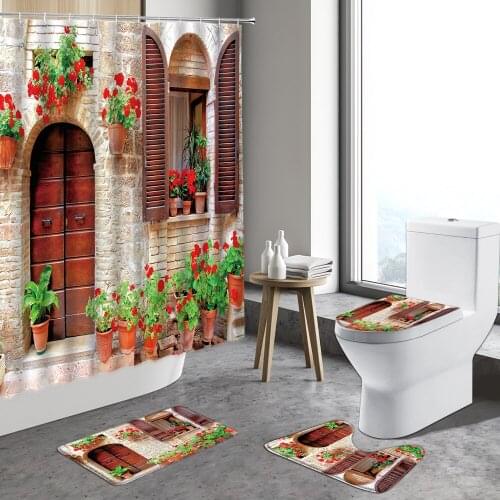 Europe Rural Small Town Flowers Street View Shower Curtain Gate Window Bathroom Sets Non-Slip Rug Toilet Lid Cover and Bath Mats