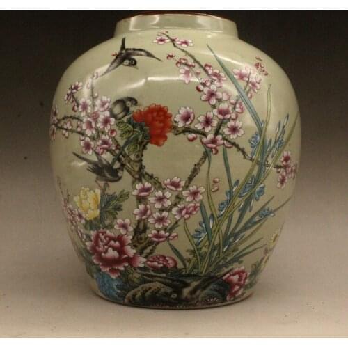 Chinese old porcelain Pink painting of pine and crane greeting spring of Pastel Porcelain flower 12 pots