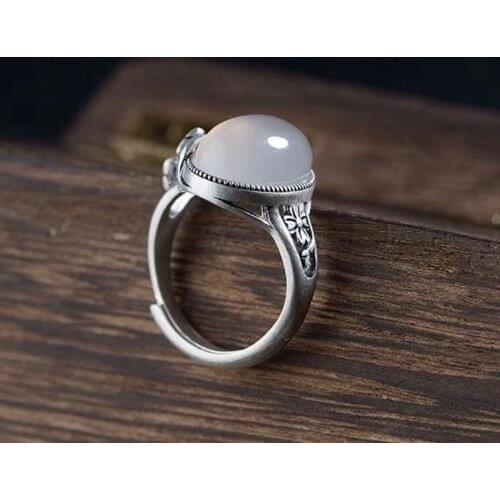 FNJ Natural Chalcedony Ring Flower Vintage 990 Silver New Original S990 Sterling Silver Rings for Womem Jewelry Adjustable size