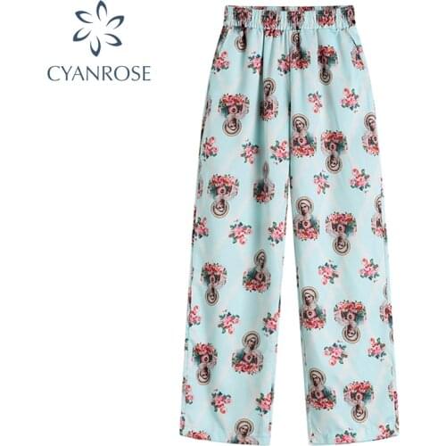 Korean Fashion Versatile Casual Long Pants For Womens Autumn Thin High Waist Vintage Rose Print Straight Loose Trouser Female